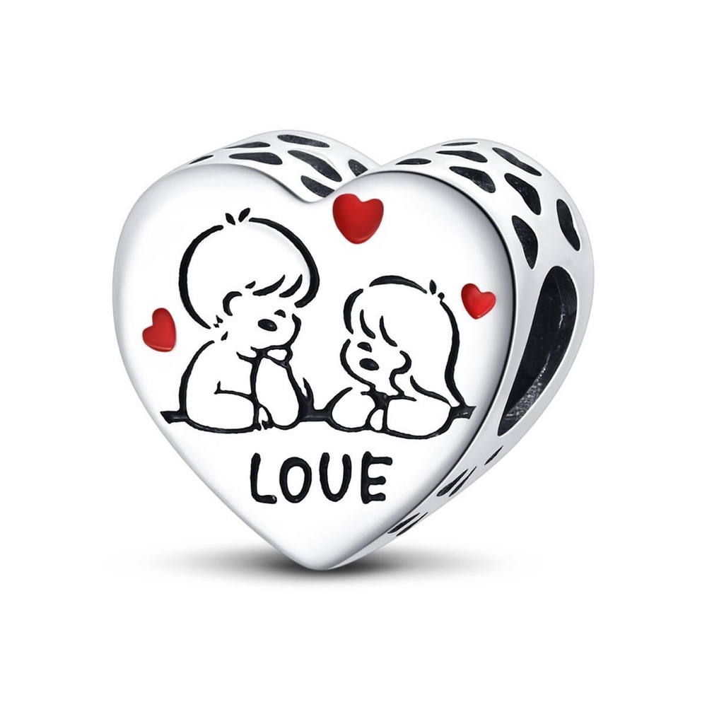 Silver Heart 'Love' Charm Bracelet Bead with Red Accents